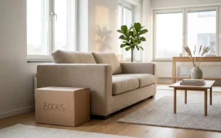Scandinavische woonkamer met linnen bank, ingepakte verhuisdoos en grote ramen die warm daglicht binnenlaten.
