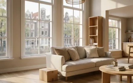 Zonnige woonkamer in Amsterdam met Scandinavisch eiken meubels, linnen kussens en een verhuisdoos naast een minimalistische bank.