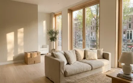 Lichte Scandinavische woonkamer met linnen bank en eiken vloer, uitzicht op Amsterdamse gracht, verhuisdoos in de hoek.