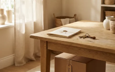 Gevouwen eigendomsakte op eiken tafel naast huissleutels, verhuisdoos op de achtergrond, warm ochtendlicht door linnen gordijnen.