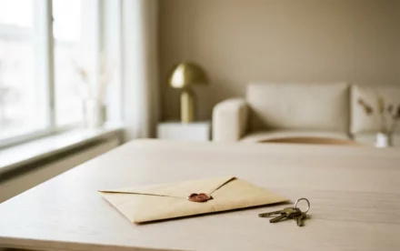 Verzegelde manila envelop en koperen huissleutels op een lichte eiken tafel in zacht ochtendlicht.