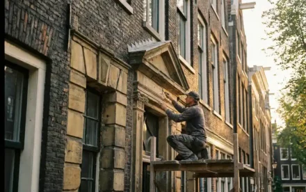 Ambachtsman op houten steiger restaureert sierlijke raamlijsten van een eeuwoud Amsterdams grachtenpand in warm middaglicht.