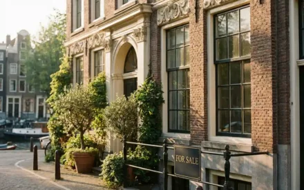 Monumentaal Amsterdams grachtenpand met sierlijke gevelsteen, erfgoedvensters en makelaarsbord bij smeedijzeren hek in gouden middaglicht.