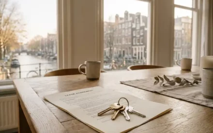 Huurcontract met glanzende huissleutels op een lichte eiken tafel, met een wazig Amsterdams grachtenpand op de achtergrond.