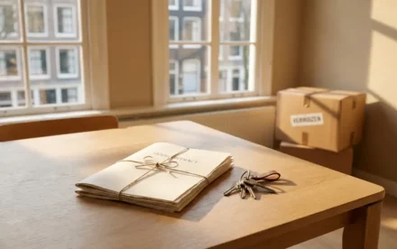 Gevouwen huurcontract en huissleutels op een lichte eiken tafel in een Amsterdams grachtenpand, met een verhuisdoos op de achtergrond.