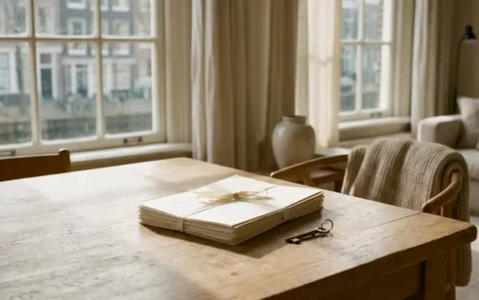 Gevouwen juridische documenten en huissleutel op eiken tafel in Amsterdams grachtenpand met Scandinavisch interieur.