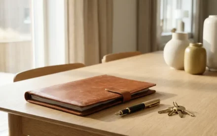 Lederen documentmap en vulpen op een lichte eiken tafel met huissleutels, zacht natuurlijk daglicht, Scandinavisch interieur.
