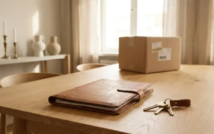 Notariële documentenmap en huissleutels op een lichte eiken tafel, met een verhuisdoos op de achtergrond in een Scandinavisch interieur.
