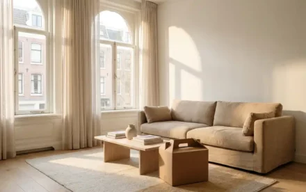 Scandinavische woonkamer met beige linnen bank, lichte eiken vloer en verhuisdoos naast een minimalistische salontafel in zacht ochtendlicht.