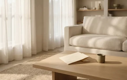 Opgevouwen eigendomsdocument op een lichte eiken salontafel in een minimalistische Scandinavische woonkamer met zacht ochtendlicht.