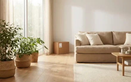 Lichte Scandinavische woonkamer met beige linnen bank, licht eiken vloer en verhuisdoos tegen witte muur, overgoten met Amsterdams ochtendlicht.