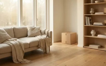 Scandinavische woonkamer met eiken vloer, linnen bank en gesloten verhuisdoos naast een minimalistische boekenkast in zacht daglicht.