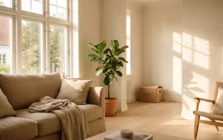 Scandinavische woonkamer met beige linnen bank, lichte eiken vloer en grote ramen die zachte ochtendzon binnenlaten, verhuisdoos in de hoek.