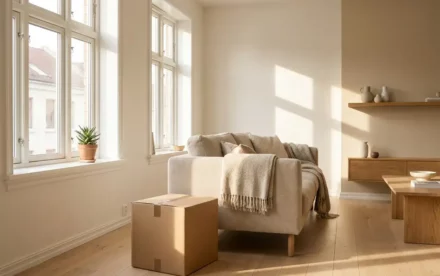 Verzegelde verhuisdoos naast een linnen bank in een Scandinavische woonkamer met eiken vloer en middagzon door hoge ramen.