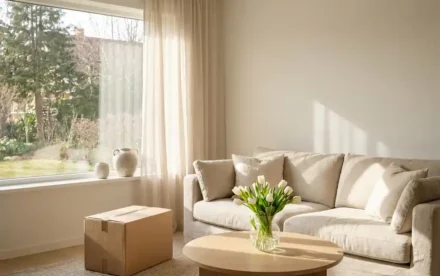 Scandinavische woonkamer te koop met linnen bank, ingepakte verhuisdoos, verse tulpen op licht eiken salontafel en zacht ochtendlicht.