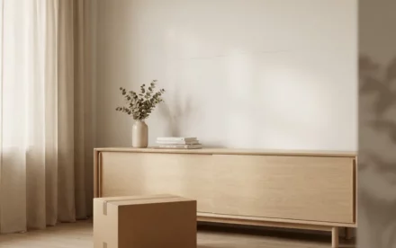 Haarscheur in witte muur boven een Scandinavisch eiken dressoir, verhuisdoos op de vloer, zacht natuurlijk daglicht.