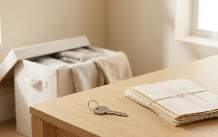 Gepolijste huissleutel op licht eiken oppervlak naast officiële documenten, met verhuisdoos op achtergrond in warm Scandinavisch interieur.