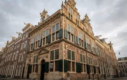 Monumentaal Amsterdams grachtenpand met sierlijke gevelsteen, hoge ramen en een te-koop-bord bij de ingang in zacht bewolkt daglicht.