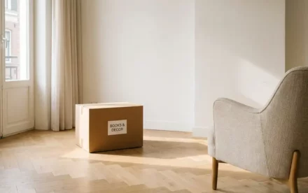 Verhuisdoos op licht eiken parketvloer in minimalistisch Amsterdams appartement met Scandinavische stoel en groot zonnig raam.