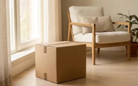 Verhuisdoos op lichte eiken vloer naast zonnig raam in luchtig Amsterdams appartement met Scandinavische stoel op de achtergrond.