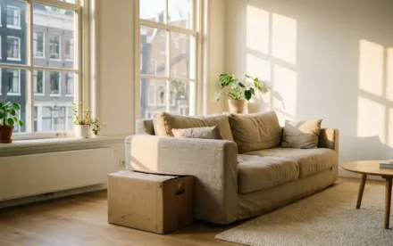 Verhuisdoos op lichte eiken vloer naast linnen bank in zonnige Amsterdamse woonkamer met Scandinavisch interieur.