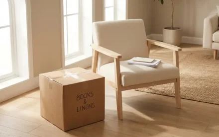 Ingepakte verhuisdoos op lichte eiken vloer naast Scandinavische fauteuil met documenten, natuurlijk daglicht via hoge Amsterdamse ramen.