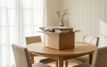 Dichtgeplakte verhuisdoos op een lichte eiken eettafel in een Scandinavische eetkamer met zachte ochtendlicht.