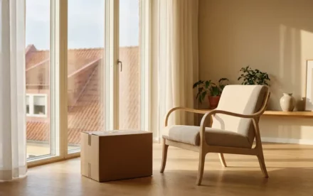 Verhuisdoos naast een Scandinavische fauteuil in een zonnig Amsterdams appartement met vloer-tot-plafond ramen en lichte eiken vloer.
