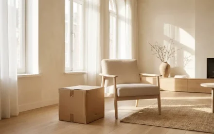 Verhuisdoos op lichte eiken vloer naast Scandinavische fauteuil in lichte Amsterdam woonkamer met natuurlijk ochtendlicht.