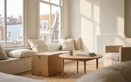 Scandinavische woonkamer in Amsterdam met een dichte verhuisdoos naast een lichte eiken salontafel, grote ramen met dakuitzicht.