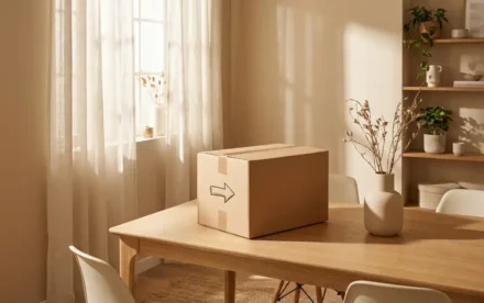 Ingepakte verhuisdoos op een licht eiken eettafel in een Scandinavische eetkamer met linnengordijnen en minimalistisch aardewerk.