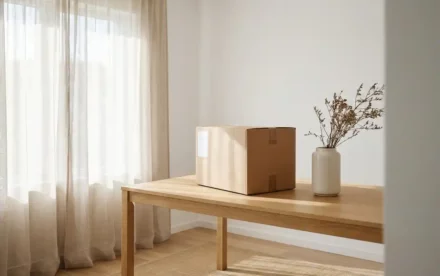Ingepakte verhuisdoos op een lichte eiken eettafel in een Scandinavische eetkamer met natuurlijk daglicht en minimalistische witte muren.