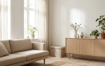 Scandinavische woonkamer met neutrale linnen verhuisdoos naast een lichte eiken dressoir, minimalistisch interieur met beige bank en houten vloer.
