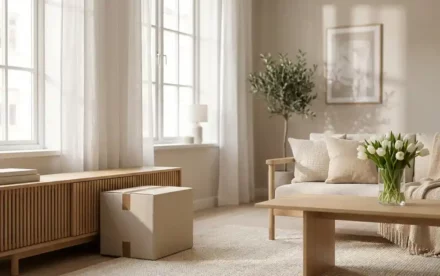 Scandinavische woonkamer met lichte eiken meubels, linnen verhuisdoos naast dressoir en witte tulpen op minimalistisch salontafel.
