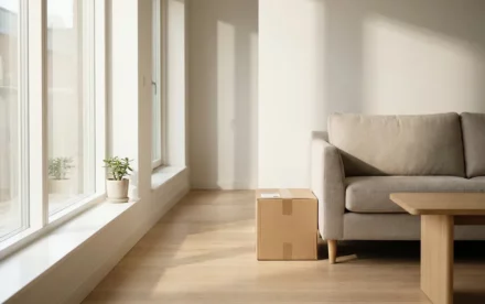 Scandinavische woonkamer met linnen bank, eikenhouten meubels en een ingepakte verhuisdoos in warm daglicht.