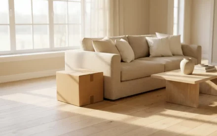 Zonnige Scandinavische woonkamer met eiken vloer, linnen bank en één verzegelde verhuisdoos in warme beige tinten.