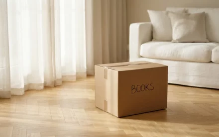 Verhuisdoos op eiken parketvloer naast zonnig raam in minimalistische Scandinavische woonkamer met witte linnen bank.