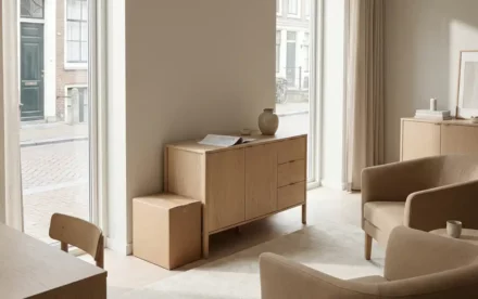 Scandinavische woonkamer met verhuisdoos naast lichte eiken dressoir, vloer-tot-plafondvensters met zacht Amsterdams daglicht en gevouwen document op het dressoir.