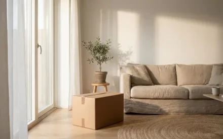 Verhuisdoos op lichte eiken vloer naast linnen bank in minimalistische Scandinavische woonkamer met groot raam en zachte ochtendzon.