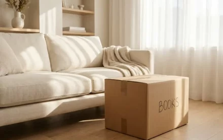 Ingepakte verhuisdoos op lichte eiken vloer naast linnen bank in Scandinavische woonkamer met zacht ochtendlicht.