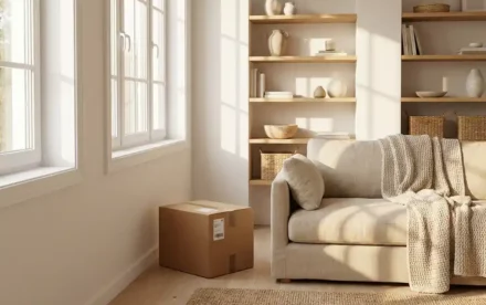 Scandinavische woonkamer met linnen bank, eiken planken en een verhuisdoos op de vloer in zacht ochtendlicht.