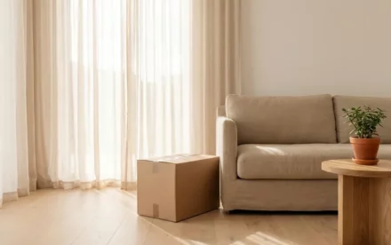 Ingepakte verhuisdoos naast een linnen bank in een Scandinavische woonkamer met eiken vloer en zacht ochtendlicht.