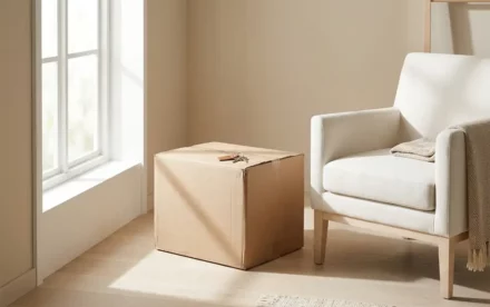Verhuisdoos op lichte eiken vloer naast Scandinavische fauteuil, met sleutels op het deksel en zacht daglicht uit Amsterdams raam.