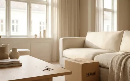 Scandinavische woonkamer met verhuisdoos naast linnen bank, huissleutels op eiken salontafel en zacht ochtendlicht door grote ramen.