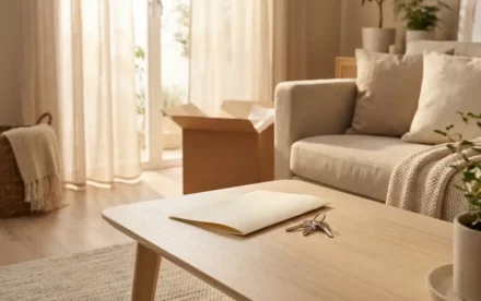 Gevouwen verzekeringsdocument en huissleutels op een eiken salontafel in een Scandinavische woonkamer met verhuisdoos op de achtergrond.