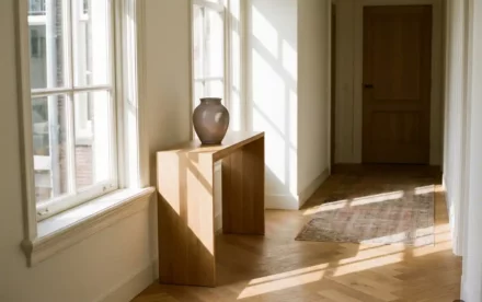 Zonnige hal van een Amsterdams grachtenpand met lichte eiken visgraatparket, witte muren en een keramische vaas op een minimalistisch sidetable.