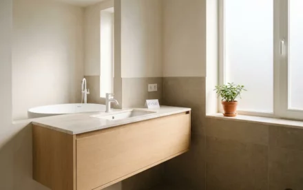 Minimalistische Nederlandse badkamer met lichte eiken wastafelmeubel, witte keramische sanitair en prijskaartje op marmeren blad.