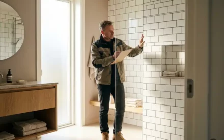 Bouwkundige keuring in Nederlandse badkamer met witte metrotegels, eikenhouten wastafelmeubel en natuurlijk daglicht.