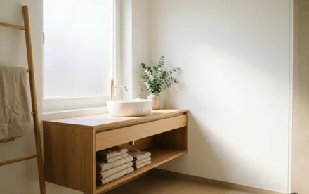 Zonnige Nederlandse badkamer met lichte eiken wastafelmeubel, wit keramisch wasbak en linnen handdoeken, eucalyptusplant op het aanrecht.