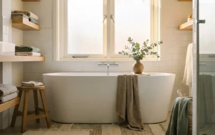 Vrijstaand wit bad in een zonnige Nederlandse badkamer met licht eiken accenten, metrotegels en eucalyptus in een keramieken vaasje.